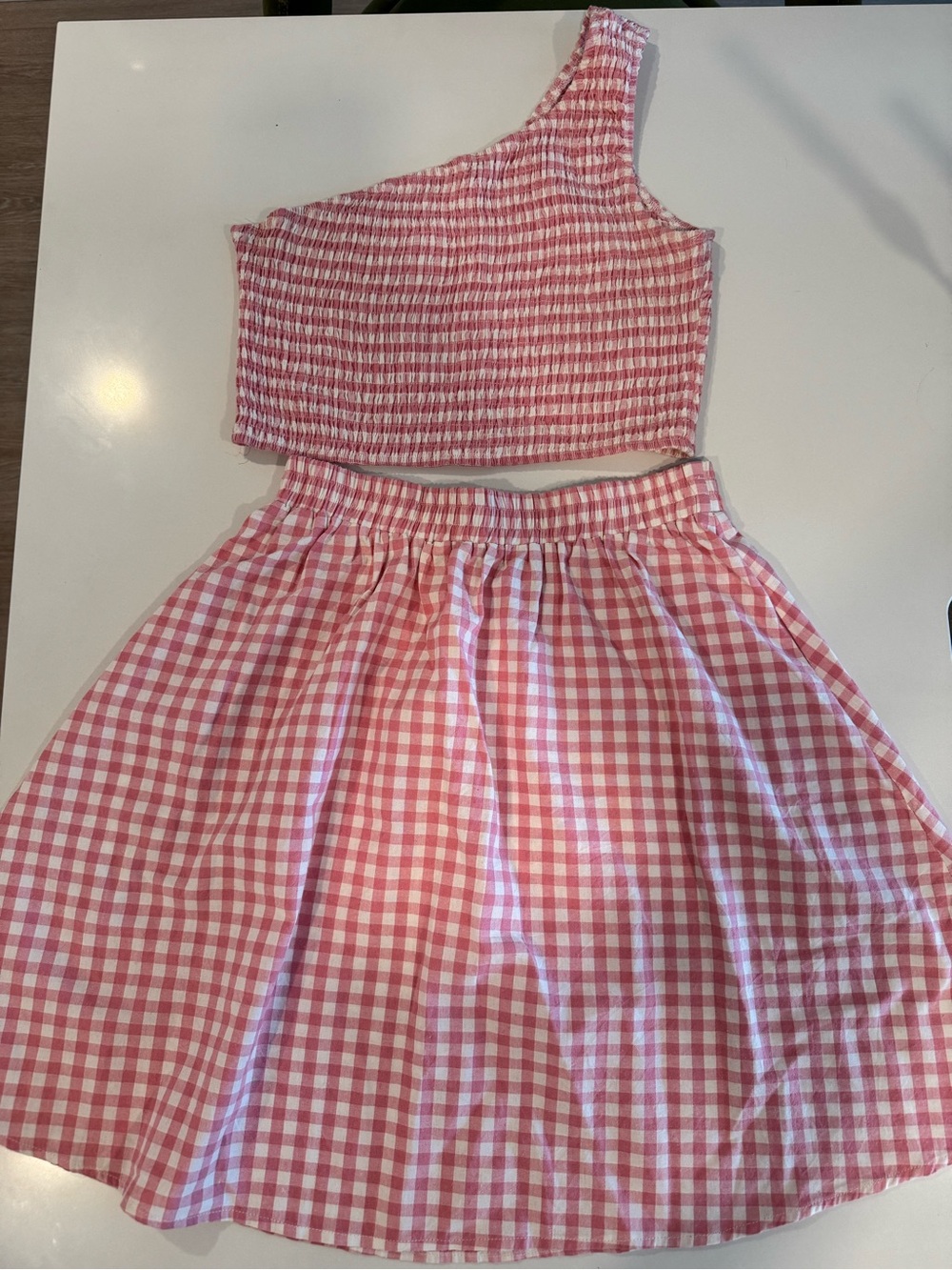 Pink Gingham Skirt and One-Shoulder Top Set